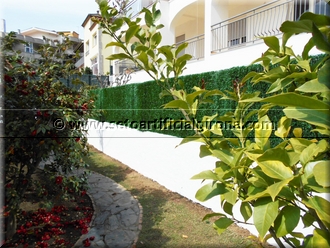 Muntatge sobre mur d'una tanca de malla simple torsió i seto artificial girona